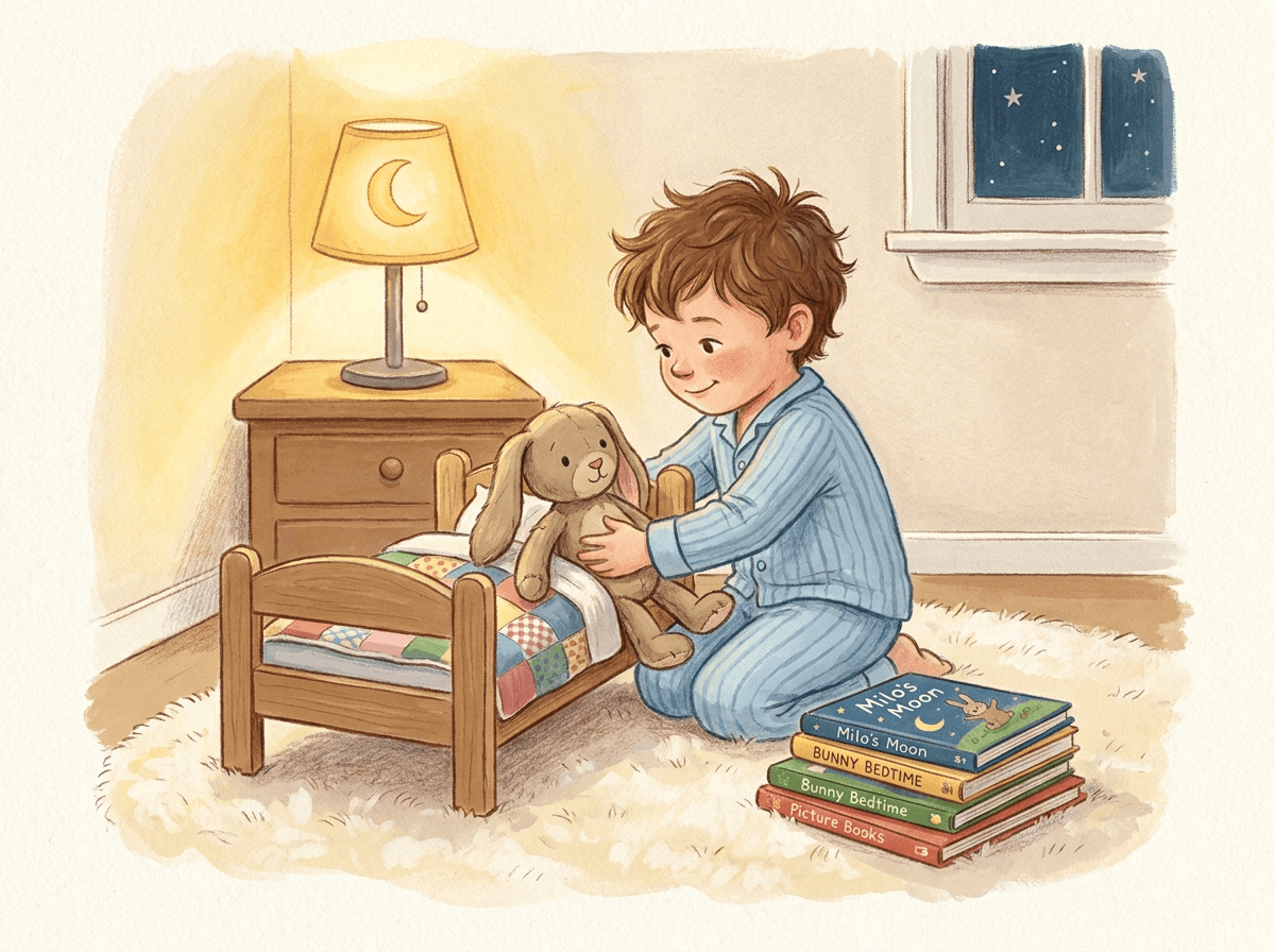 Gentle watercolor picture book illustration of a child tucking a plush bunny into bed